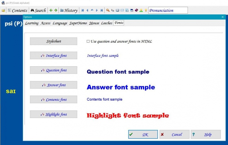 SuperMemo: Tools : Options : Fonts tab